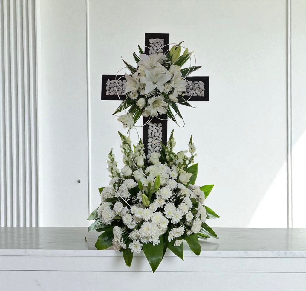 Arreglo Fúnebre Cruz Blanca con Lirios – Fe y Luz Eterna