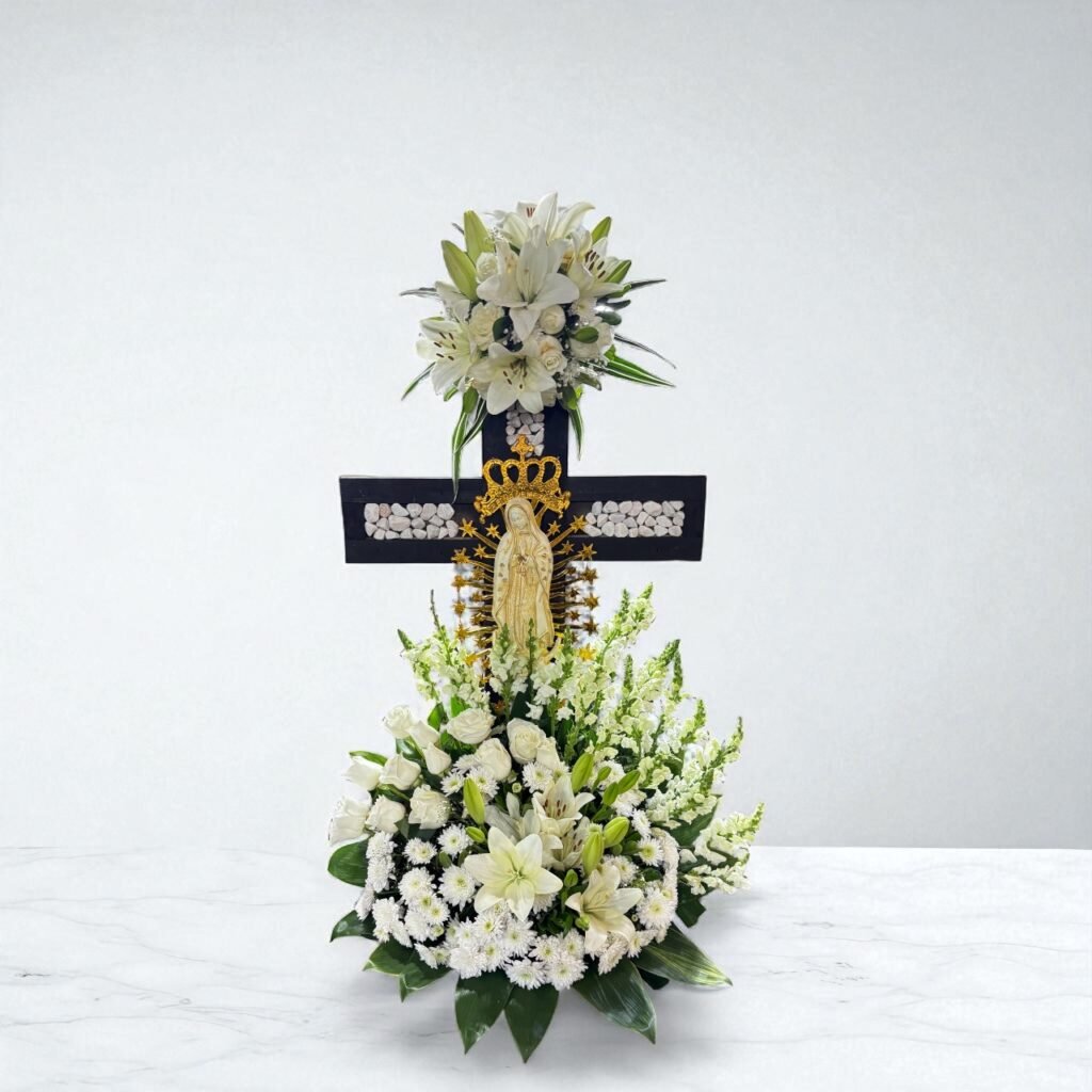 Arreglo Fúnebre Cruz con Virgen de Guadalupe – Luz y Fe Eterna