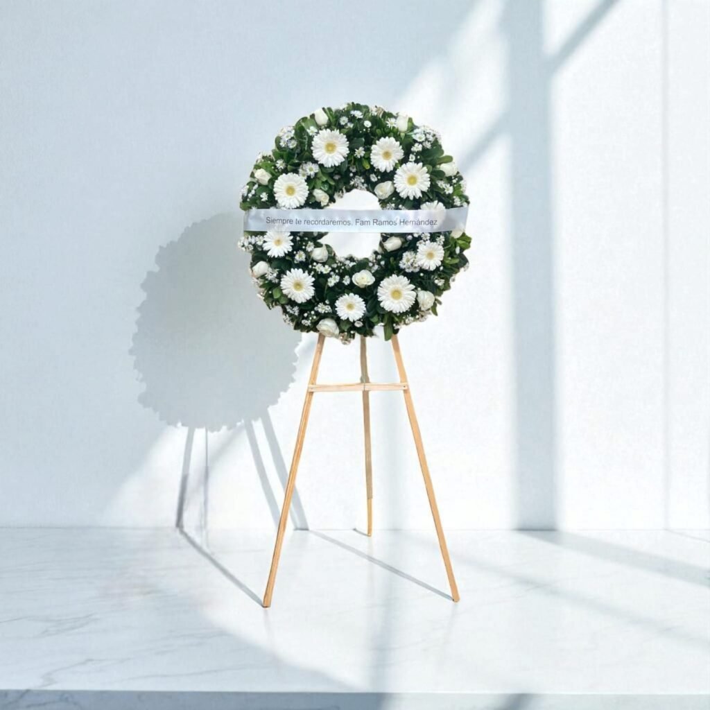 Corona Fúnebre Gerberas Blancas – Recuerdo Eterno
